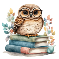 Watercolor Owl with books isolated. Illustration png