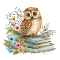Watercolor Owl with books isolated. Illustration png