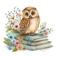 aquarelle hibou avec livres isolé. illustration ai génératif png