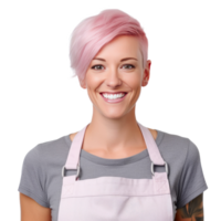 Happy woman , small business owner in casual wearing grey apron, isolated. Illustration png