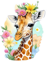 giraff med blomma klistermärke ai generativ png