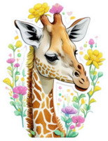 girafe avec fleurs autocollant ai génératif png
