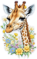 giraff huvud med blomma klistermärke ai generativ png