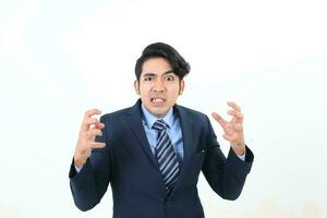 South east Asian Malay Man facial expression angry upset shocked mouth open hands look at camera photo