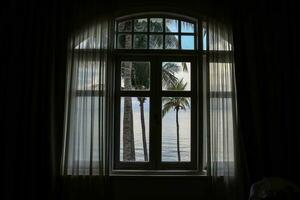 Beautiful view through window palm trees ocean sea blue water cloudy sky photo