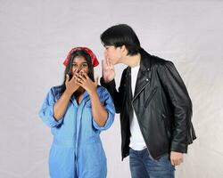 Young aisan man woman drama acting theatre student performing rehearsal expression pose photo