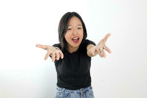 Young attractive south east asian woman pose face expression emotion on white background open arms welcome express photo