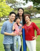 Sureste asiático multigeneracion familia padres hija abuela padre madre niño actitud contento sentar estar al aire libre parque foto