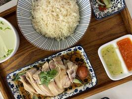 steamed Hainanese chicken rice soup green red chilli ginger soya sauce cucumber carrot side serviced on retro enamel diner plate fork spoon on wooden table photo