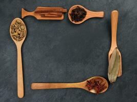 Mix variety spice cinnamon cardamom clove bay leaf wooden spoon border frame copy text space on black slate background photo