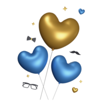 Blue and Golden Flying Heart Balloons and Father Hipster Elements on Transparent Background. png