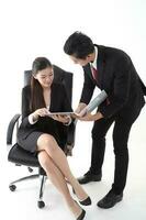 South east Asian young Chinese Indian man woman wearing formal business office ware on white background pose expression photo