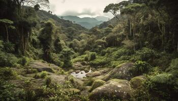 tranquilo tropical selva con fluido agua y palma árbol generado por ai foto