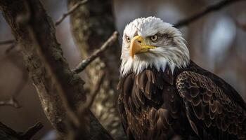 Majestic bald eagle perched on tree branch generated by AI photo