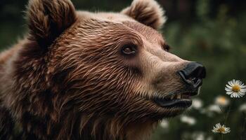 Fluffy canine snout in green meadow generated by AI photo