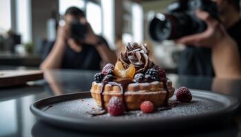 creativo adultos complacer en gastrónomo postre juntos generado por ai foto