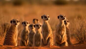 Cute meerkats sitting in a row, watching generated by AI photo