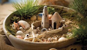 Seashell collection on wood table, summer memories generated by AI photo