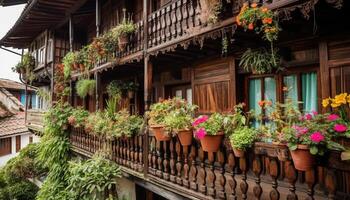 Potted plants adorn rustic French cottage balcony generated by AI photo