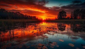 Tranquil sunset reflects beauty in nature landscape generated by AI photo