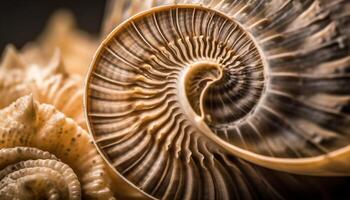 Spiral seashell, ancient fossil, beautiful nature design generated by AI photo