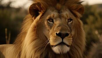 Majestic lioness staring at camera in wilderness generated by AI photo