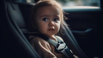 Cute baby boy sitting in car seat generated by AI photo