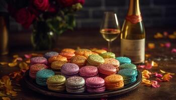 Gourmet macaroons on rustic wood table centerpiece generated by AI photo