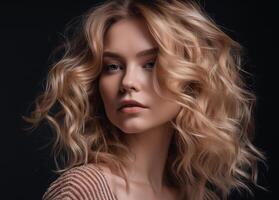 Elegant young woman with curly blond hair smirks generated by AI photo