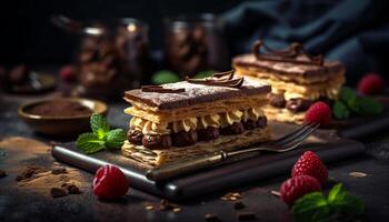 Indulgent dessert plate chocolate, raspberry, waffle, berry generated by AI photo