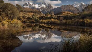 Tranquil scene of majestic mountain range reflecting beauty generated by AI photo