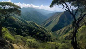 majestuoso montaña rango, verde árboles, tranquilo escena generado por ai foto