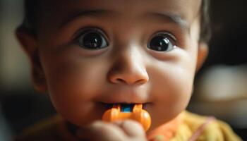 uno alegre bebé chico comiendo y sonriente felizmente generado por ai foto
