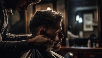 uno hombre pericia en cortes de cabello exhibido hermosamente generado por ai foto