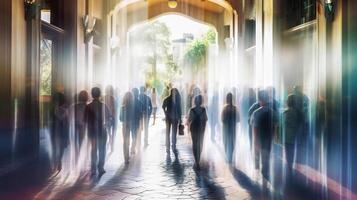 blurred group of young students going to class in fast movement, photo