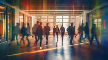 borroso grupo de joven estudiantes yendo a clase en rápido movimienot, generativo ai foto