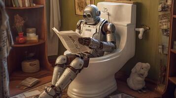 robot sit toilet and read a book, photo