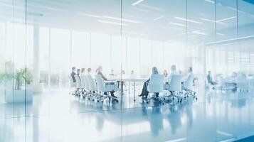 blurred business people in white glass office background, photo