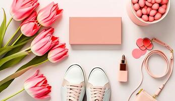 Top view with pink tulips flowers, shoes, lipstick and cosmetic background, photo
