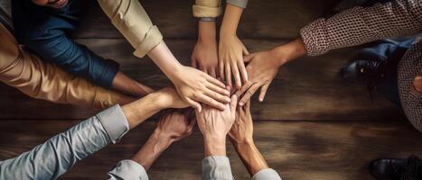 Success of team concept, Top view hands of Business teamwork join hands together in office, photo