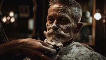 barbado hombre sonrisas como Barbero prepara afeitado generado por ai foto
