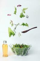 Mix leafy vegetable salad green purple lettuce glass bowl elevated flying dropping photo