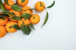 mandarin orange green leaf wood crate box top view copy text space frame on white background photo