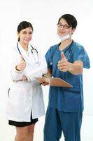 Young Asian male female doctor wearing apron uniform tunic apron hold photo