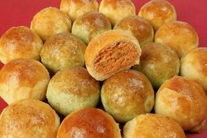 Tambun biscuits small Tau Sar Pneah famous Bukit Tambun Penang delicacies on red background photo