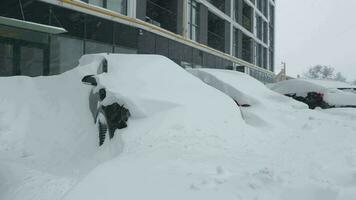 carros coberto de neve depois de uma neve nevasca. residencial construção dentro a fundo video