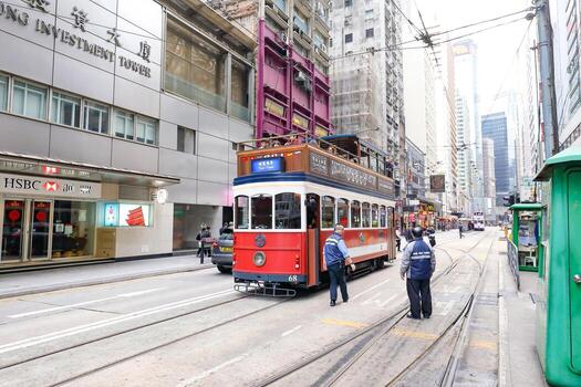 HONG KONG- FEBRUARY 18, 2018-Western Market Terminus is one of the termini in Hong Kong Tramways. One of the starting point for TramOramic Tour on a 1920s-style open top tram. photo