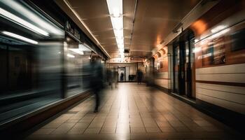 Walking commuters rush through futuristic subway station generated by AI photo