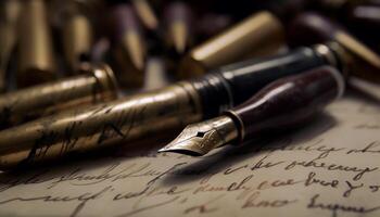 Antique fountain pen writes signature on contract generated by AI photo