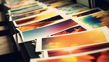 Multi colored stack of old photographs evoke nostalgia generated by AI photo